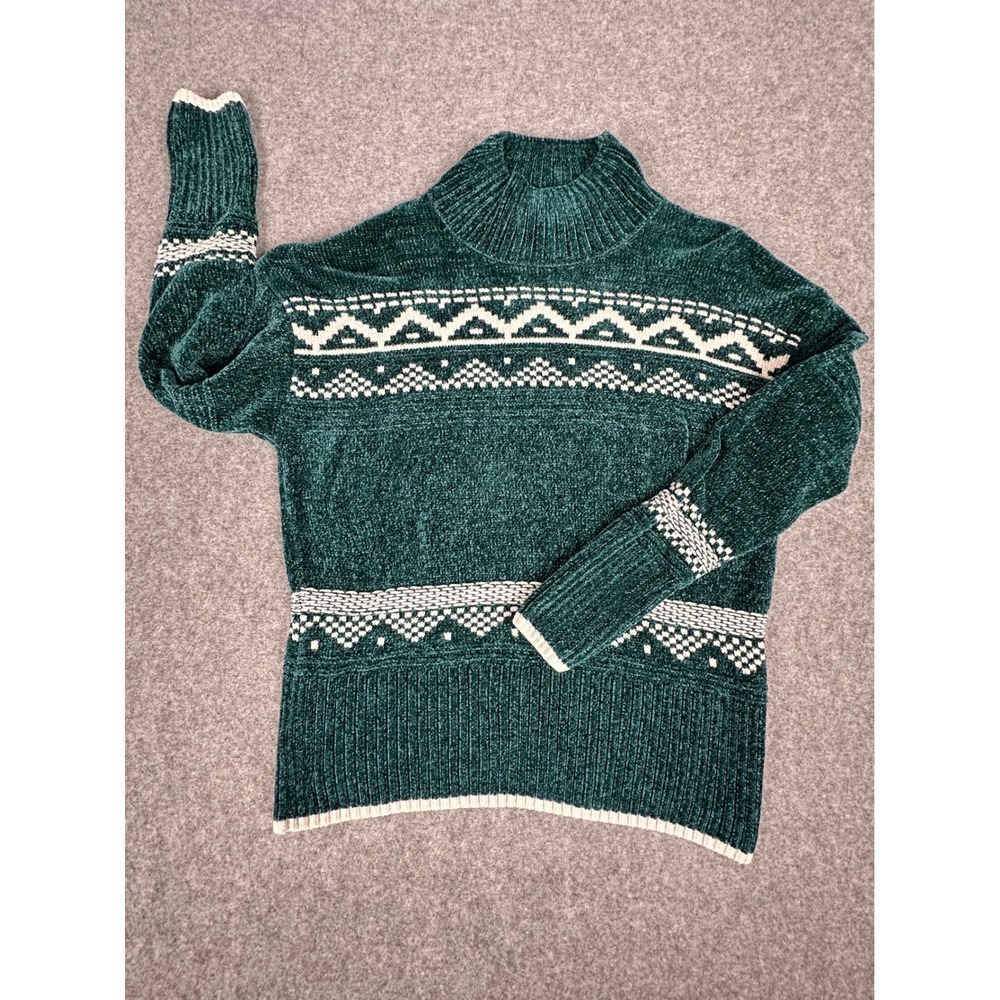 Christian Siriano‎ Women's New York Teal Chenille Fair Isle Mock Neck Sweater M